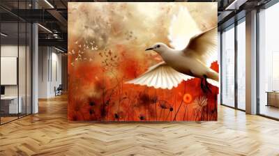  White bird flies over green grass, red sky Wall mural