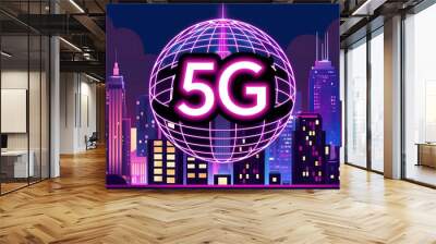 5G internet connection, a wireless data technology for the future, enabling digital communication and mobile speed in a cityscape, with a futuristic network and global innovation. (14) Wall mural