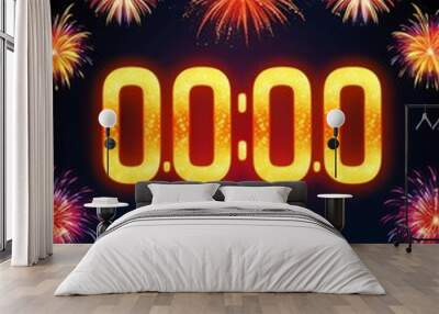 As the countdown clock strikes 00.00, the midnight sky erupts in a colorful firework display, celebration of the Happy New Year with festive lights and sparkling greeting joy, eve, twelve (9) Wall mural