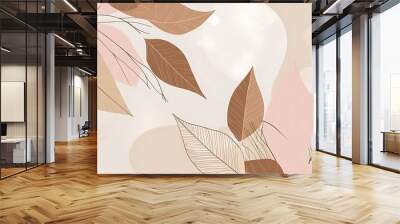 Calming light brown and beige background with abstract natural leaves. Aesthetic minimalism design, offering a soothing and tranquil ambiance. Wallpaper for those who appreciate nature elegance  Wall mural