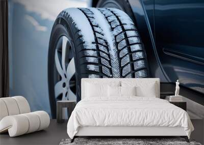 Car tire on snow, in a winter scene, on an asphalt road or street, with ice and frost, a drive in a cold season, set in a country or rural area (22) Wall mural