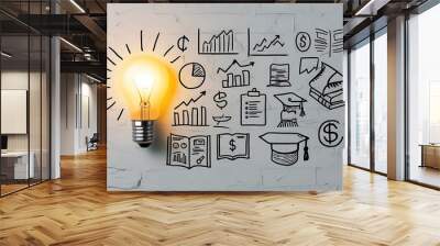 Close up of glowing lamp on white concrete wall background with business sketch and mock up place. Idea, energy, inspiration and innovation concept. 3D Rendering (17) Wall mural