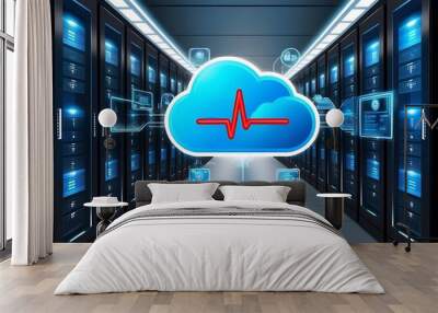 Cloud with heartbeat symbol in a server room, representing healthcare cloud computing (17) Wall mural