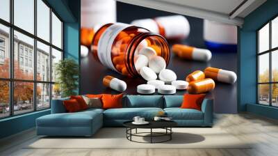 Opioid epidemic, featuring an array of prescription pills, medicine capsules, and tablets scattered, symbolizing the widespread issue of opioid addiction and the resulting crisis   Wall mural