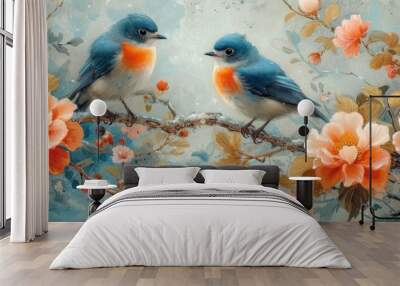 Two birds perched on a branch, A serene scene of two bluebirds sitting on a tree limb, Birds in the blossoms, an artistic representation Wall mural