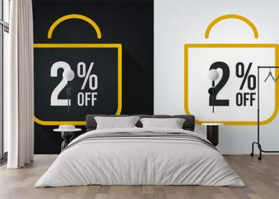 2% off. Black, white and yellow banner with two percent discount. Shopping bag concept vector. Wall mural