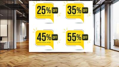 25% off, 35% off, 45%0ff and 55% off. Set of tag discounts. Banner with four yellow balloons with special offers vector. Wall mural