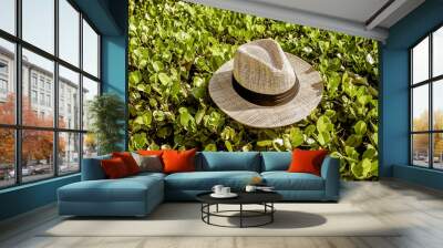 tropical panama hat on green leaves Wall mural