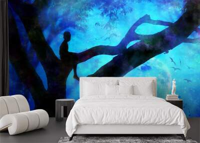 boy in tree at night with moon Wall mural