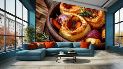 A close-up of savory pastry rolls with roasted vegetables and herbs in a wooden bowl. Wall mural