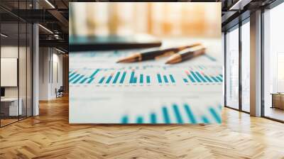 A close-up view of financial charts and graphs on paper, accompanied by two pens and a laptop, conveying data analysis and strategy. Wall mural