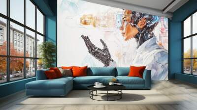 A futuristic cyborg engineer with robotic arms and augmented reality glasses examines a digital interface, reflecting advanced AI and innovation. Wall mural