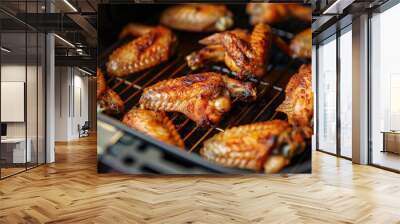 Close-up of succulent grilled chicken wings with crispy skin and flavorful spices, cooked on a barbecue grill. Wall mural