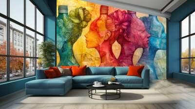 Colorful abstract art of women in profile, blending human forms with bottles, symbolizing diverse perspectives and creativity. Wall mural