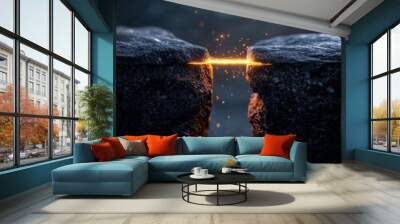 Dramatic close-up of two rocky surfaces separated by a glowing crack emitting light and sparks, symbolizing connection and energy. Wall mural