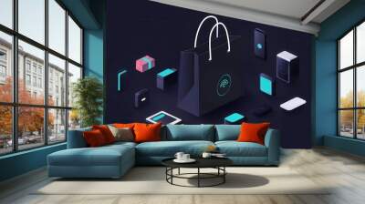 Futuristic shopping concept with digital devices and a shopping bag, representing technology in modern retail and e-commerce. Wall mural