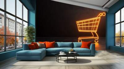 Glowing neon shopping cart on dark background, symbolizing online shopping, ecommerce, and modern retail. Bright, futuristic design. Wall mural