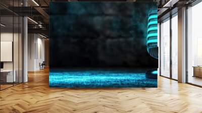 Retro microphone glowing with teal lights against a dark brick wall background, capturing a vintage and modern aesthetic. Wall mural