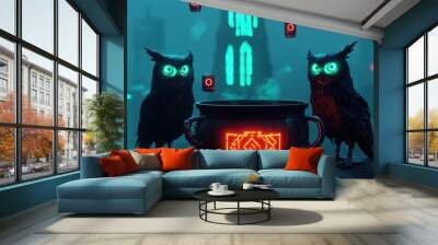 Two glowing owls beside a mystical cauldron in a dark, enchanted environment, evoking a sense of magic and mystery. Wall mural