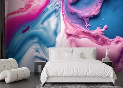 Colorful elegant pastel swirl of blue pink marble painting design background, oil color art canvas paint fluid motion in water, Ai generated Wall mural