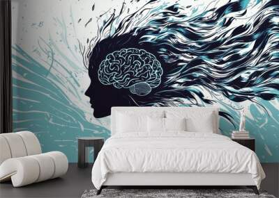 A creative depiction of a woman's silhouette with a brain, illustrating the concept of thoughts and imagination flowing freely. Wall mural