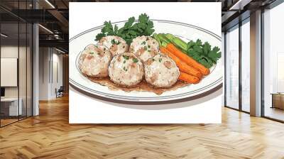 A delicious serving of meatballs garnished with herbs, accompanied by tender carrots and fresh greens on a classic white plate. Wall mural