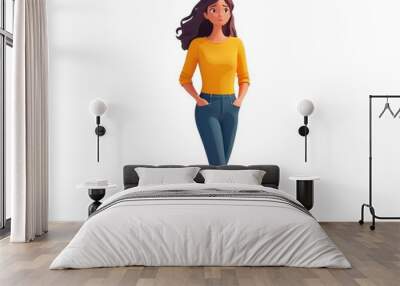 A stylish woman walking in casual attire, featuring a bright yellow top and denim jeans, embodying confidence and modern fashion. Wall mural