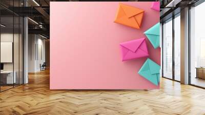 Colorful envelopes scattered on a soft pink background, perfect for invitations, greetings, or mail-themed designs. Wall mural