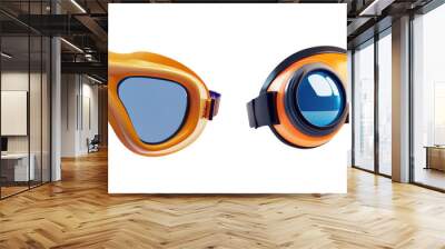 Two different styles of orange swimming goggles on glasses isolated on a white background. Perfect for swimwear, summer sports, and accessories. Wall mural