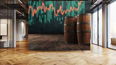 Two wooden barrels stand on a wooden floor against a backdrop of colorful market trend lines and graphs, suggesting themes of trading and investment. Wall mural