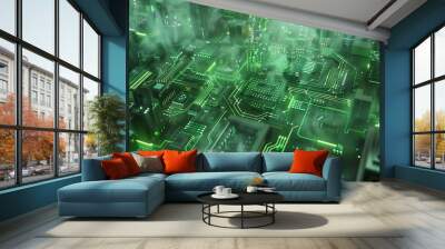 A cityscape with a lot of green lights and smoke. The city is full of electronic devices and the sky is filled with smoke Wall mural