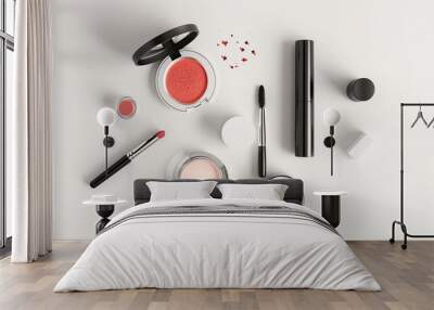 A collection of makeup brushes and products, including a palette of eyeshadow. Concept of creativity and self-expression, as makeup is often used to enhance one's appearance Wall mural