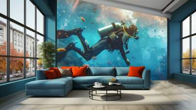 A man is scuba diving in the ocean. The water is clear and the sun is shining brightly Wall mural