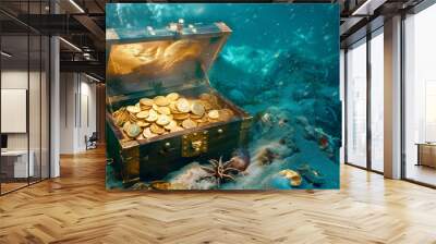 A treasure chest full of gold coins is sitting on a rocky beach. The scene is serene and peaceful, with the sun shining down on the water and the rocks. The gold coins sparkle in the sunlight Wall mural