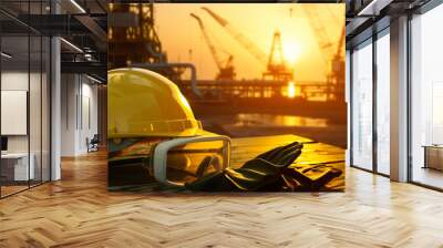 A yellow hard hat sits on a table next to a pair of safety gloves. The scene is set at a construction site, with a large crane in the background. Concept of caution and safety Wall mural