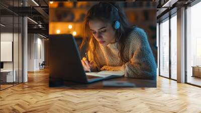 A young woman is deeply focused on her studies, sitting at a kitchen table while listening to an online lecture through earphones. Her notebook is open, and she is writing notes with a serious express Wall mural