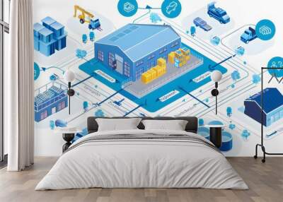 Asset Management Workflow: A detailed blueprint demonstrating the asset management process using BIM, featuring maintenance schedules, tracking systems, and visualizations of building upgrades and ren Wall mural