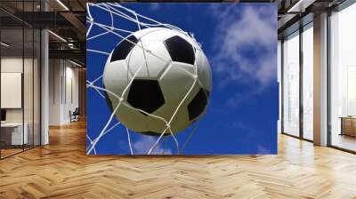 soccer ball in net on blue sky Wall mural