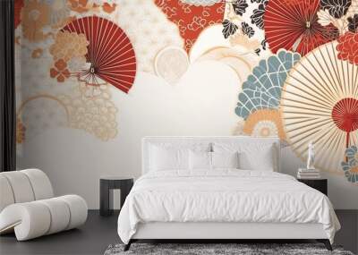 organic asian japanese line wave pattern oriental pattern traditional copy space with white background Wall mural