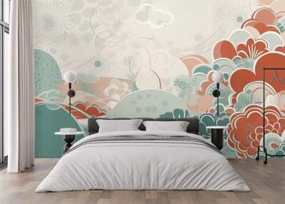 organic asian japanese line wave pattern oriental pattern traditional copy space with white background Wall mural