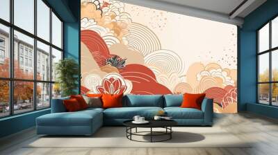 organic asian japanese line wave pattern oriental pattern traditional copy space with white background Wall mural