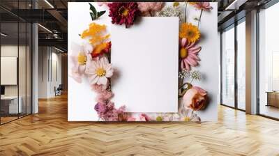 Vertical top view blank card with flowers Abstract organic flowers Blooming floral on white background for invitation card Wall mural