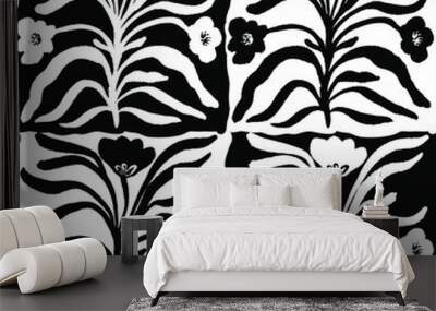 Seamless abstract retro modern black and white floral pattern Wall mural