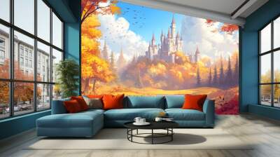 Fantasy landscape with architecture in a painted style. Wall mural