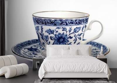 Ornate white and blue teacup on a white background. Wall mural