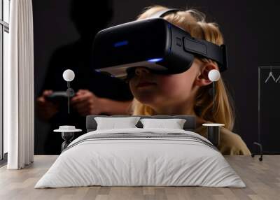 Girl wearing VR headset, blurred adult figure in background Wall mural