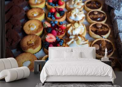 Assortment of delicious and colorful dessert, chocolate cakes, mixed berry tarts, Lemon Meringue Tarts, chocolate tarts made by pastry chef. All look very tasty and delightful. Natural light. Wall mural