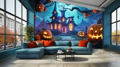 Halloween theme evil pumpkin castle illustration, wallpaper, card, poster background Wall mural