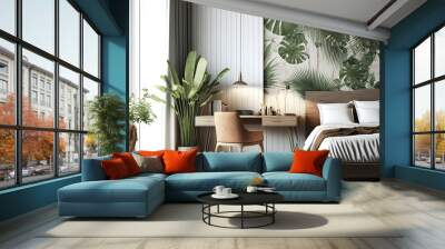 Modern interior bedroom with tropical plant wallpaper, generative ai Wall mural