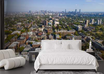 Aerial view of historic city center of Cambridge on Mt Auburn Street with Boston modern city skyline at the background, Cambridge, Massachusetts MA, USA.  Wall mural